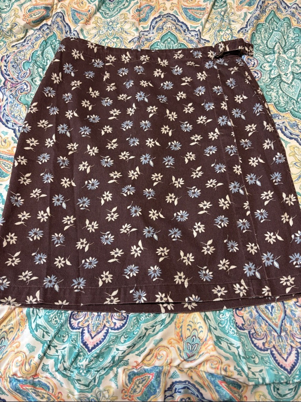 LL Bean Floral Print A-Line Skirt - Brown with Blue & Cream Flowers